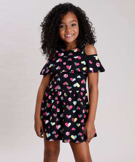 Vestido-Infantil-Open-Shoulder-Barbie-Estampado-de-Coracoes-com-Babado-Manga-Curta-Preto-9785159-Preto_1
