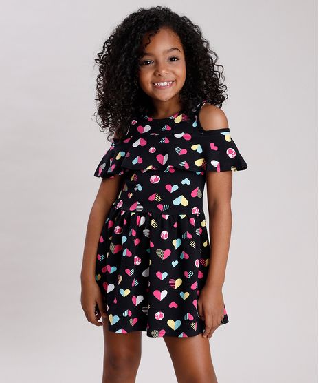 Vestido-Infantil-Open-Shoulder-Barbie-Estampado-de-Coracoes-com-Babado-Manga-Curta-Preto-9785159-Preto_1