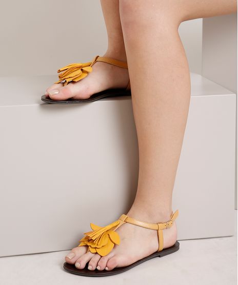 Rasteira-Feminina-Salinas-Floral-em-Couro-com-Tassel-Mostarda-9800939-Mostarda_1