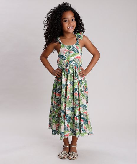 Vestido-Infantil-Longo-Estampado-de-Folhagens-com-Flamingos-e-Babado-Verde-9752690-Verde_1
