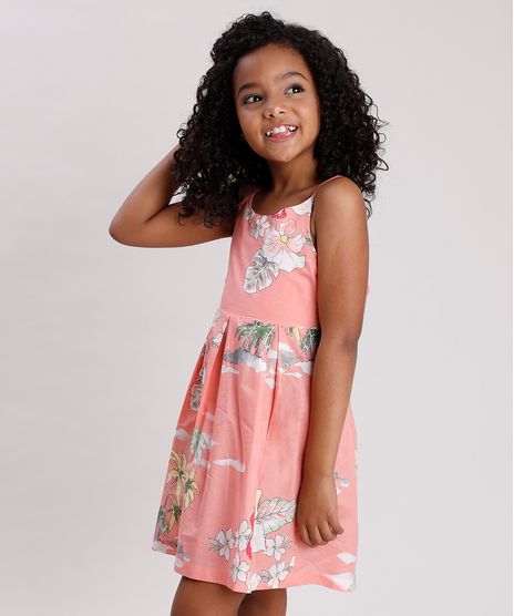 Vestido-Infantil-Estampado-de-Ilha-com-Vazado-e-Laco-Coral-9675853-Coral_1