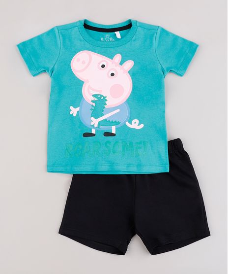 Conjunto-Infantil-George-Pig-de-Camiseta-Manga-Curta-Verde-Agua---Bermuda-em-Moletom-Preta-9843687-Preto_1