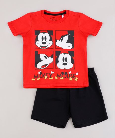 Conjunto-Infantil-Mickey-de-Camiseta-Manga-Curta-Vermelha---Bermuda-em-Moletom-Preta-9843692-Preto_1