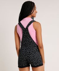 Jardineira-de-Sarja-Feminina-Reta-Estampada-de-Margaridas-com-Barra-Dobrada-Preta-9834572-Preto_2