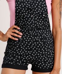 Jardineira-de-Sarja-Feminina-Reta-Estampada-de-Margaridas-com-Barra-Dobrada-Preta-9834572-Preto_4