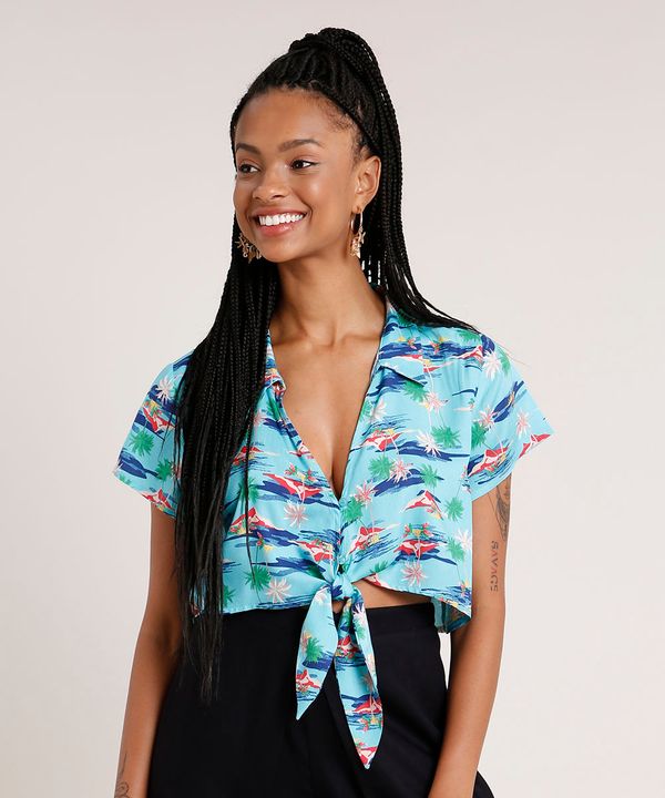 Camisa Feminina Cropped Estampada de Coqueiro com Nó Manga Curta Azul GG