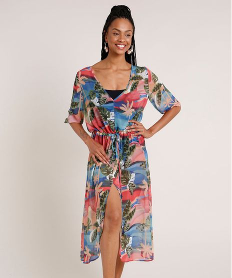 Vestido-Saida-de-Praia-Feminino-Estampado-de-Folhagens-com-Fenda-Manga-3-4-Azul-Claro-9783564-Azul_Claro_1
