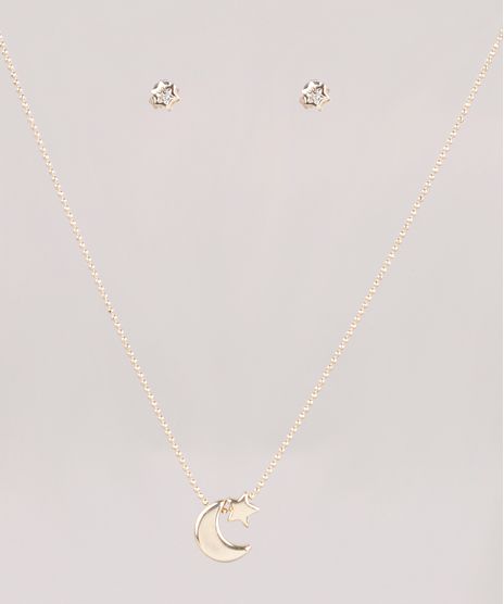 Kit-de-Brinco---Colar-Folheados-com-Pingente-de-Lua-e-Estrela-Dourado-9775032-Dourado_1