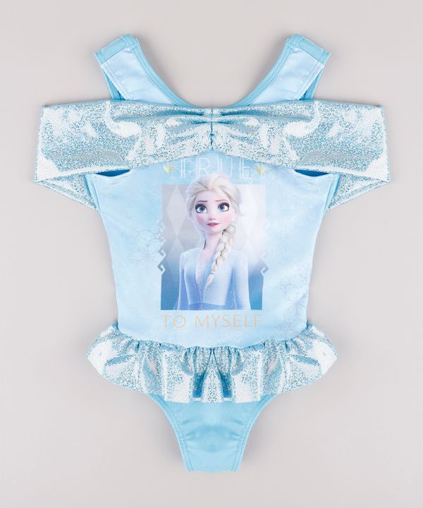 Maiô Infantil Elsa Frozen com Babado e Brilho Holográfico Proteção UV50+ Azul Claro 4