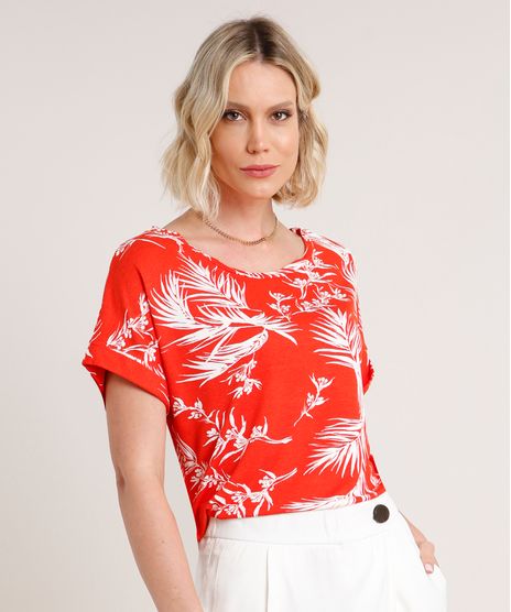 Blusa-Feminina-Ampla-Estampada-de-Folhagem-Manga-Curta-Decote-Redondo-Laranja-9715375-Laranja_1