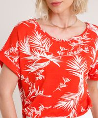 Blusa-Feminina-Ampla-Estampada-de-Folhagem-Manga-Curta-Decote-Redondo-Laranja-9715375-Laranja_4