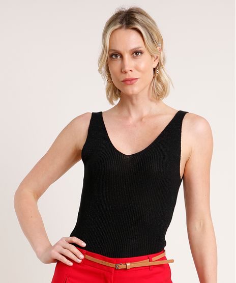 Regata-Feminina-em-Trico-com-Lurex-Alca-Media-Decote-V-Preta-9683670-Preto_1