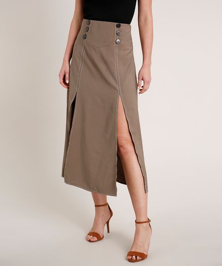 Saia-Feminina-Midi-com-Botoes-Fenda-e-Recorte-Kaki-Escuro-9691214-Kaki_Escuro_1