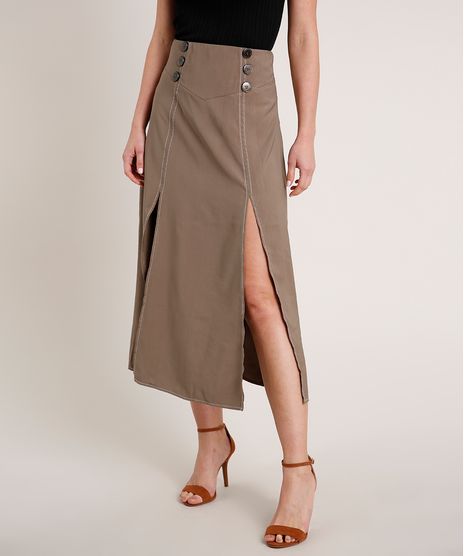 Saia-Feminina-Midi-com-Botoes-Fenda-e-Recorte-Kaki-Escuro-9691214-Kaki_Escuro_1