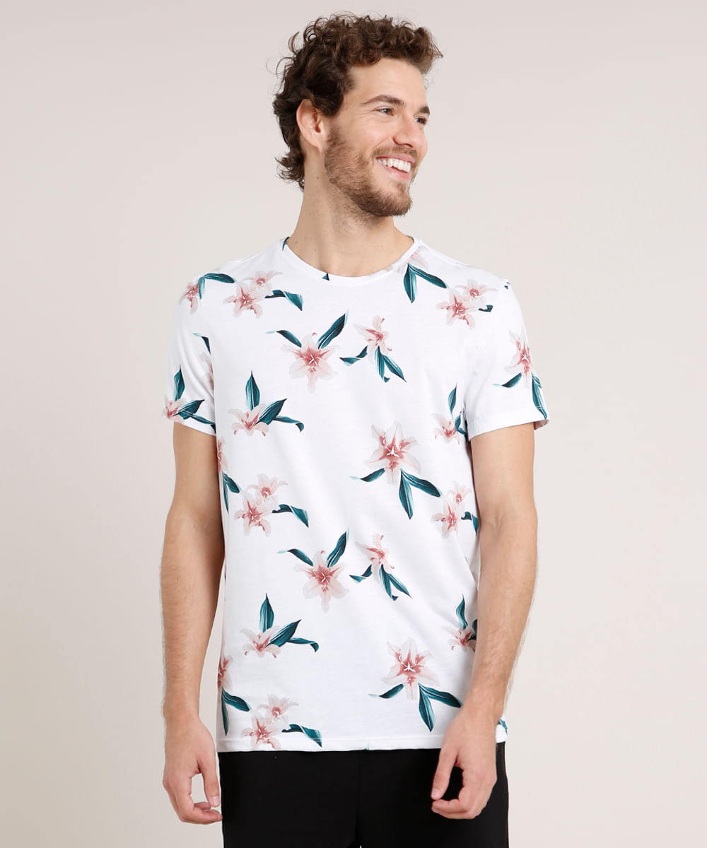Camiseta Masculina Slim Fit Estampada Floral Manga Curta Gola