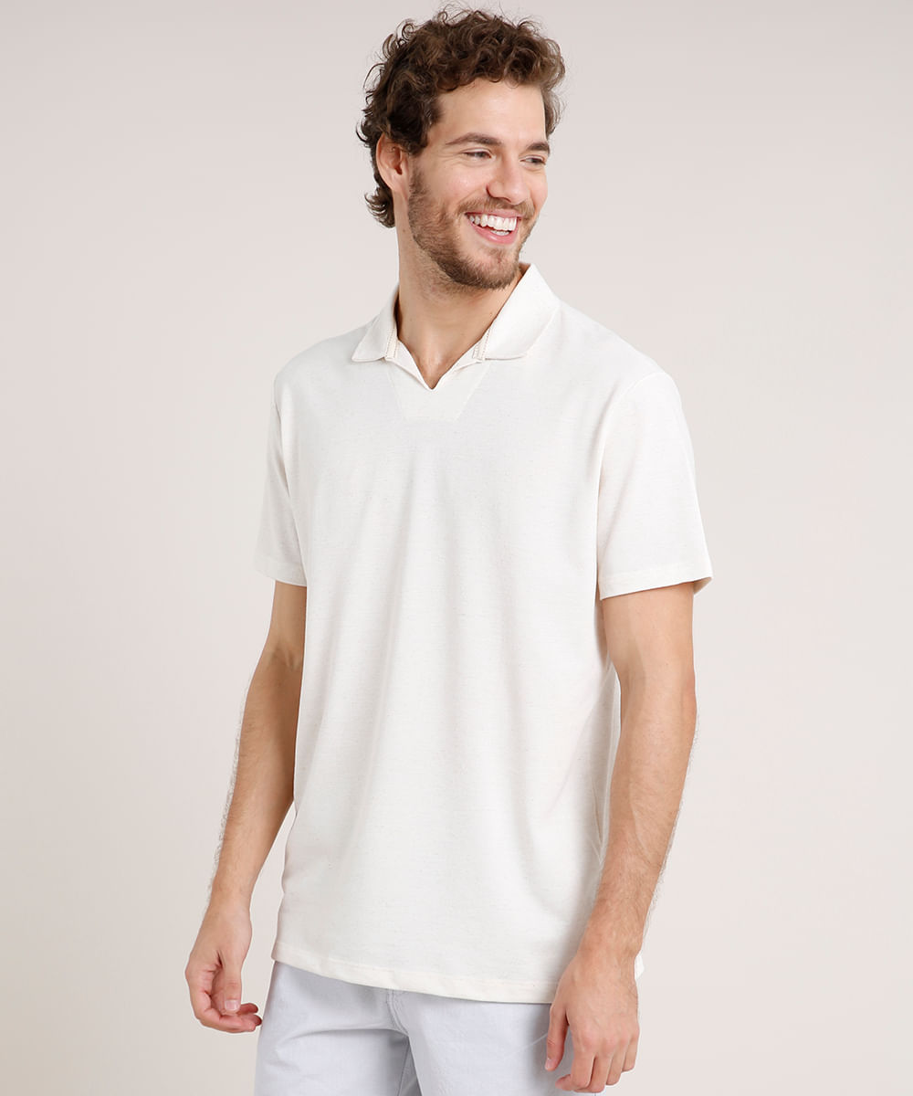 Polo Masculina Comfort Fit em Piquet com Linho Manga Curta Bege Claro