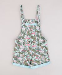 Jardineira-de-Sarja-Infantil-Estampada-de-Folhagens-com-Bolsos-e-Barra-Dobrada-Verde-Agua-9822538-Verde_Agua_2