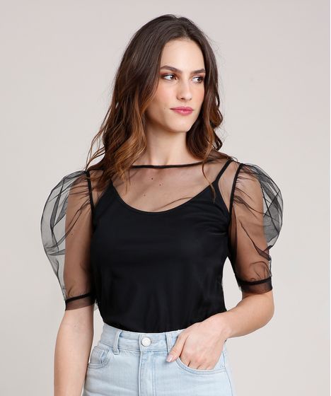 Blusa Feminina Mindset Em Tule Manga Bufante Decote Redondo Preta