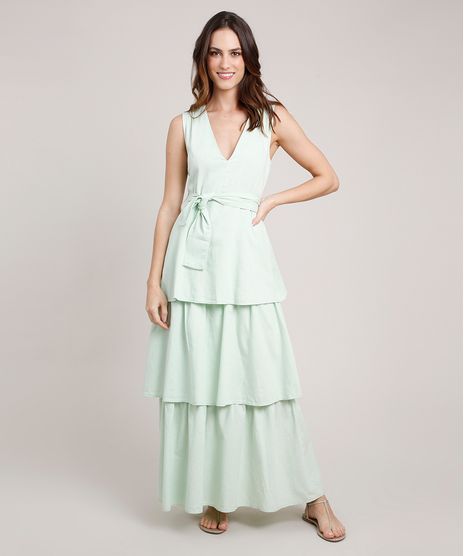 Vestido-Feminino-Mindset-Longo-em-Camadas-com-Faixa-para-Amarrar-Sem-Manga-Verde-Claro-9886832-Verde_Claro_1