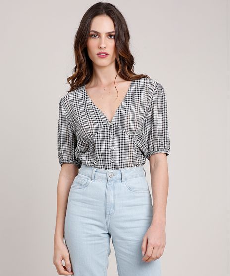 Blusa-Feminina-Mindset-Estampada-Xadrez-Vichy-Manga-Curta-Decote-V-Preta-9880208-Preto_1