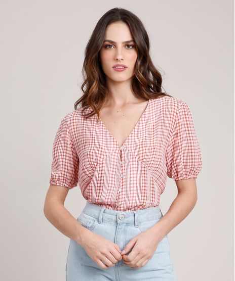 Blusa-Feminina-Mindset-Estampada-Xadrez-Vichy-Manga-Curta-Decote-V-Vermelha-9880209-Vermelho_1