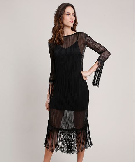 Vestido-Feminino-Mindset-Midi-em-Tule-Listrado-com-Franjas-Manga-3-4-Preto-9655191-Preto_1