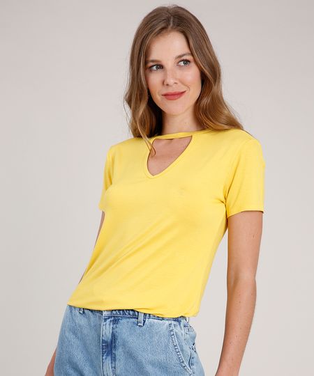 Blusa-Feminina-Choker-Basica-Manga-Curta-Decote-Redondo-Amarelo-Escuro-8625969-Amarelo_Escuro_1