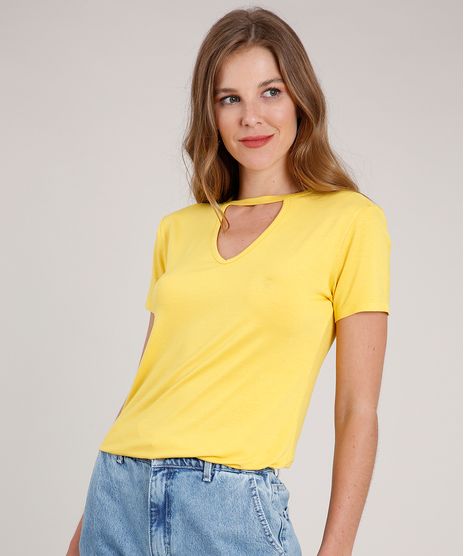 Blusa-Feminina-Choker-Basica-Manga-Curta-Decote-Redondo-Amarelo-Escuro-8625969-Amarelo_Escuro_1