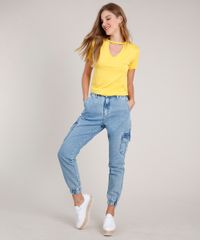 Blusa-Feminina-Choker-Basica-Manga-Curta-Decote-Redondo-Amarelo-Escuro-8625969-Amarelo_Escuro_3