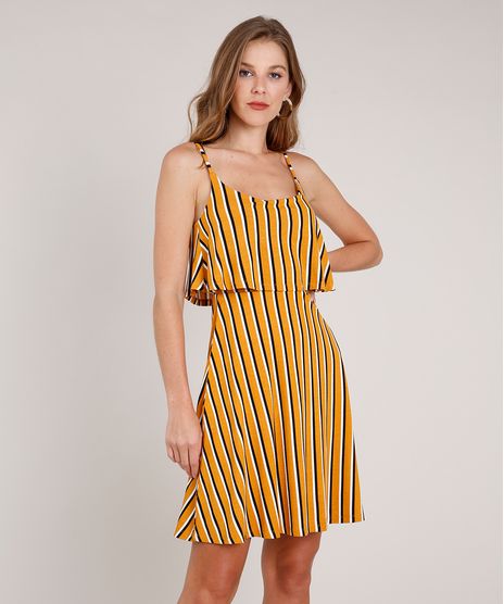 Vestido-Feminino-Curto-Evase-Listrado-com-Sobreposicao-Alca-Fina-Mostarda-9853913-Mostarda_1