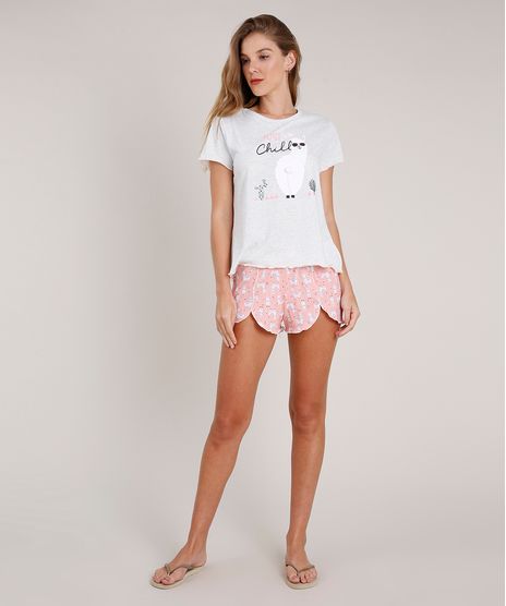 Pijama-Feminino-Lhama-com-Pompom--Just-Chill--Manga-Curta-Cinza-Mescla-Claro-9836545-Cinza_Mescla_Claro_1