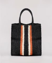 Bolsa-Feminina-Tote-Grande-com-Palha-e-Listras-Preta-9602443-Preto_1