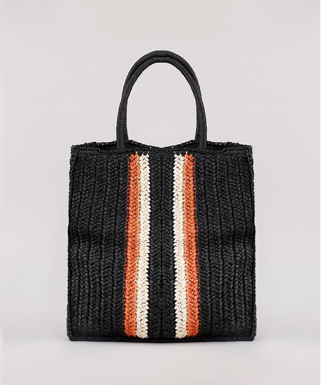 Bolsa-Feminina-Tote-Grande-com-Palha-e-Listras-Preta-9602443-Preto_1