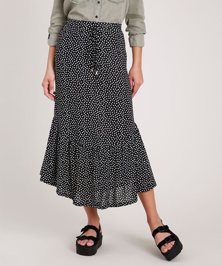 Saia-Feminina-Midi-Estampada-de-Poa-com-Babado-Preta-9840448-Preto_1