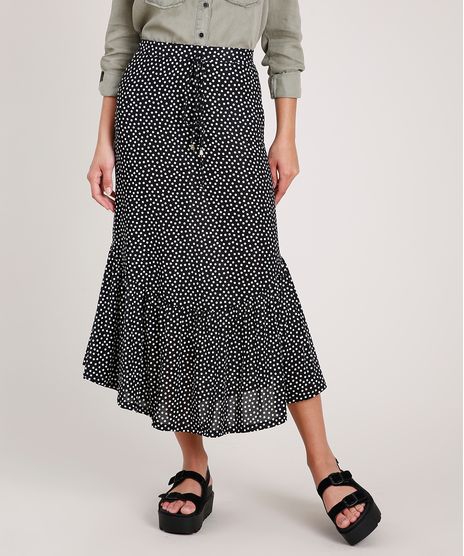 Saia-Feminina-Midi-Estampada-de-Poa-com-Babado-Preta-9840448-Preto_1
