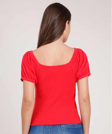 Blusa Feminina Canelada Manga Bufante Decote Reto Vermelha Cea