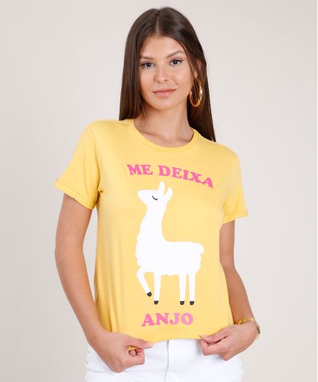 Blusa-Feminina-Ampla-Lhama--Me-Deixa-Anjo--Manga-Curta-Decote-Redondo-Amarela-9850339-Amarelo_1