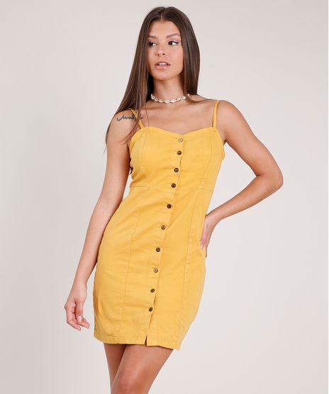 Vestido-de-Sarja-Feminino-Curto-com-Botoes-Alca-Fina-Mostarda-9831918-Mostarda_1