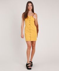 Vestido-de-Sarja-Feminino-Curto-com-Botoes-Alca-Fina-Mostarda-9831918-Mostarda_3