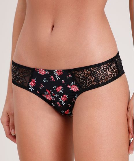 Calcinha-Fio-Dental-em-Renda-com-Recorte-Estampado-Floral-Preta-9668347-Preto_1