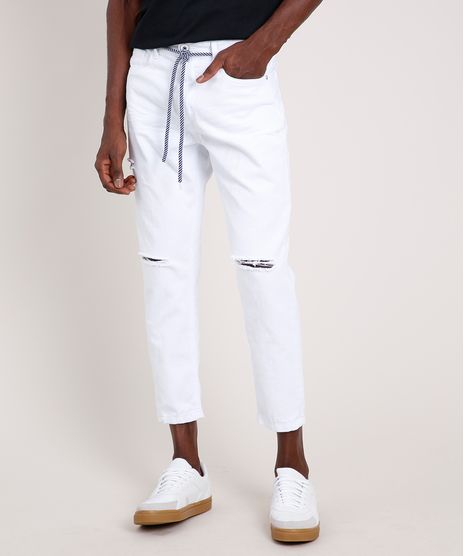 Calca-de-Sarja-Masculina-Tapered-com-Rasgos-e-Cordao-Branco-9814881-Branco_1
