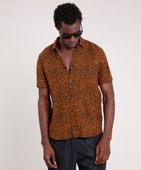 Camisa-Masculina-Tradicional-Estampada-Animal-Print-Onca-Manga-Curta--Marrom-9854617-Marrom_1