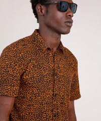 Camisa-Masculina-Tradicional-Estampada-Animal-Print-Onca-Manga-Curta--Marrom-9854617-Marrom_4