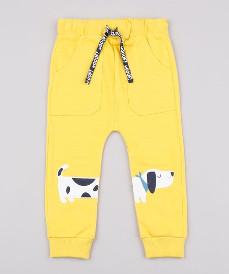 Calca-Infantil-em-Moletom-Cachorro--Wooof--com-Bolsos-Amarelo-9676214-Amarelo_1