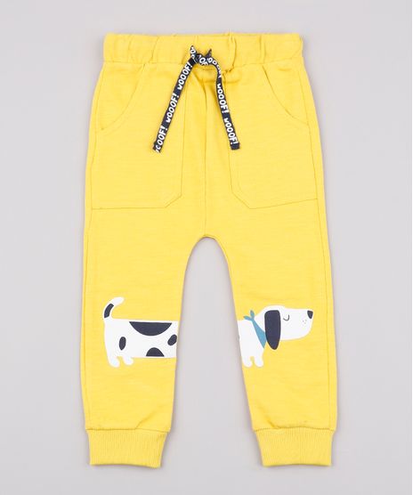 Calca-Infantil-em-Moletom-Cachorro--Wooof--com-Bolsos-Amarelo-9676214-Amarelo_1