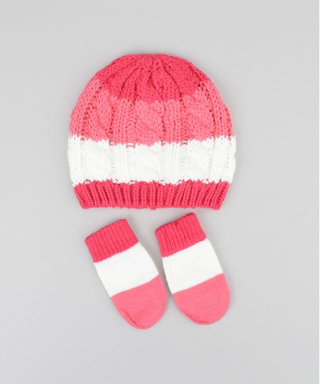 Kit-de-Gorro---Par-de-Luvas-em-Trico-Listrado-Rosa-8490865-Rosa_1