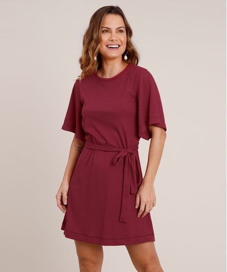 Vestido-Feminino-Curto-Canelado-com-Faixa-para-Amarrar-Manga-Curta-Vinho-9706143-Vinho_1