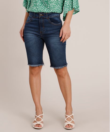 Bermuda Jeans Feminina Ciclista Cintura Alta Com Barra Desfiada Azul Escuro Cea