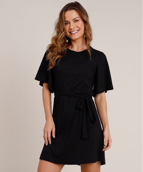 Vestido-Feminino-Curto-Canelado-com-Faixa-para-Amarrar-Manga-Curta-Preto-9706143-Preto_1