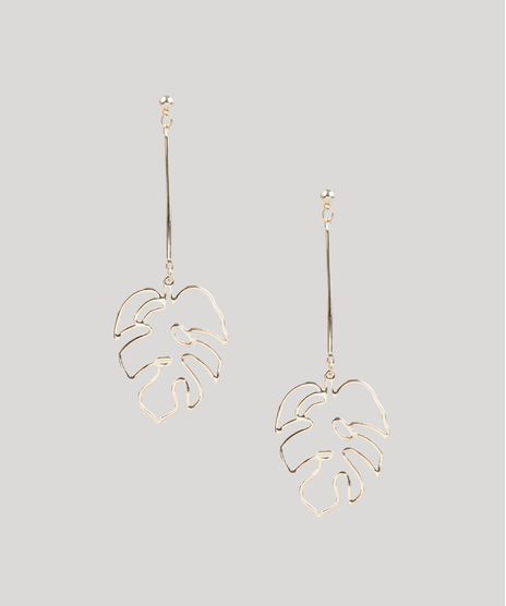 Brinco-Feminino-Folheado-com-Pingente-de-Folhagem-Costela-de-Adao-Dourado-9775044-Dourado_1